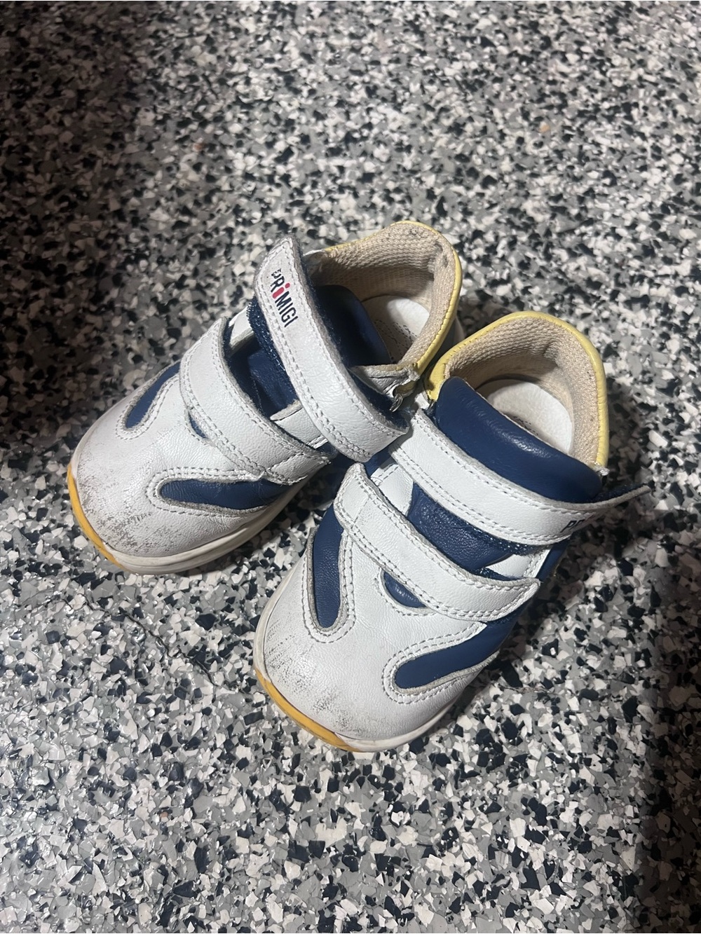 Primigi White and Navy Velcro Kids Sneakers with Yellow Trim